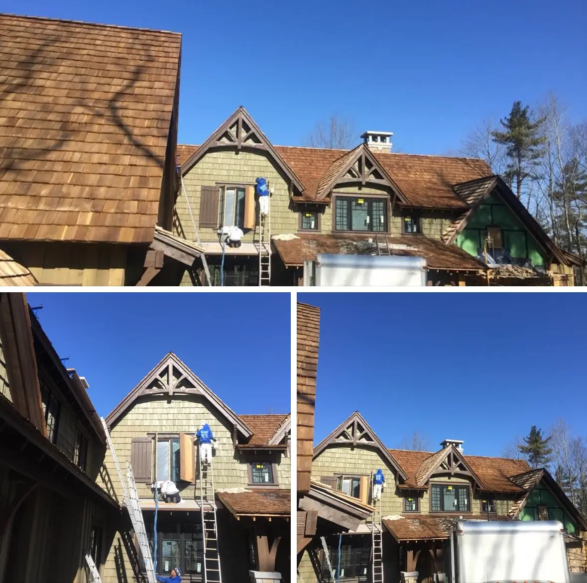 Crew painting cedar shake gables sage green on a large mountain lodge