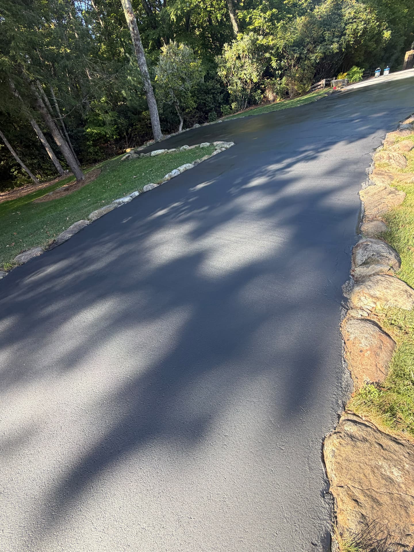 Tree-lined driveway freshly sealed dark between green lawns