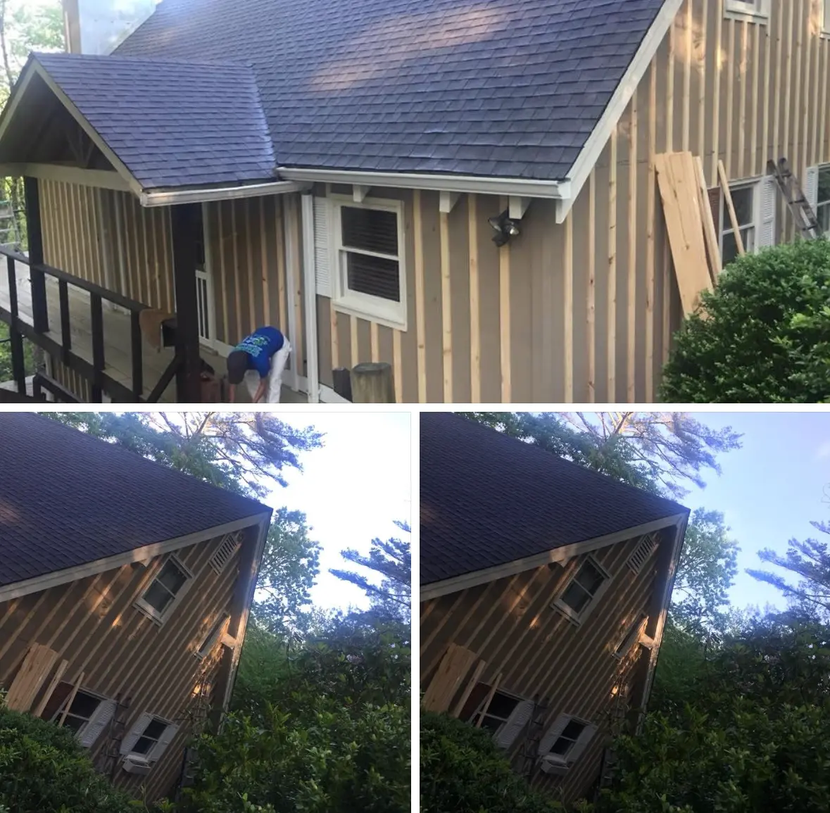 Board and batten siding being painted warm tan on a cottage with dark shingle roof