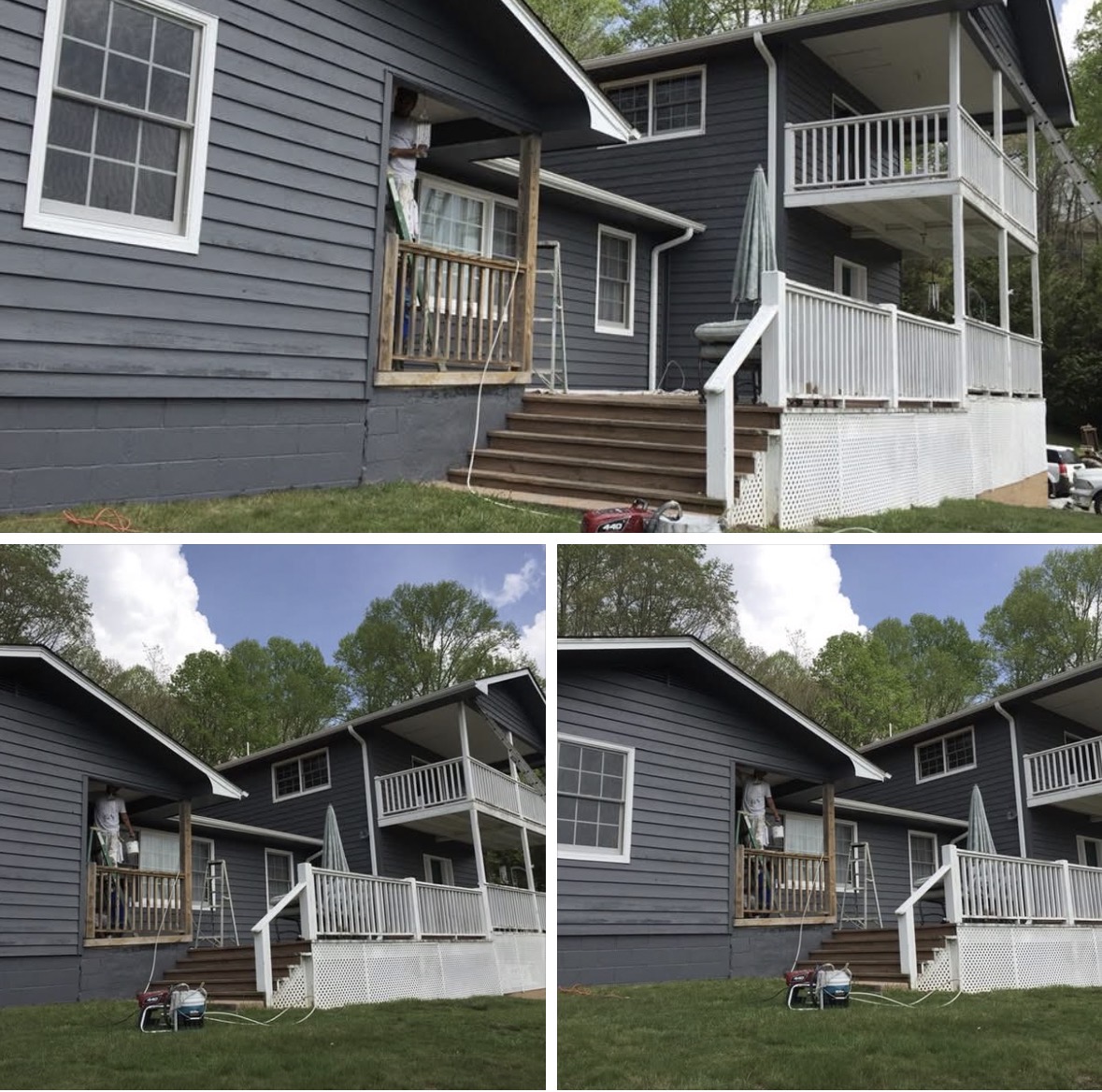 Painter on a ladder finishing navy lap siding and white porch railings on a two-story mountain home